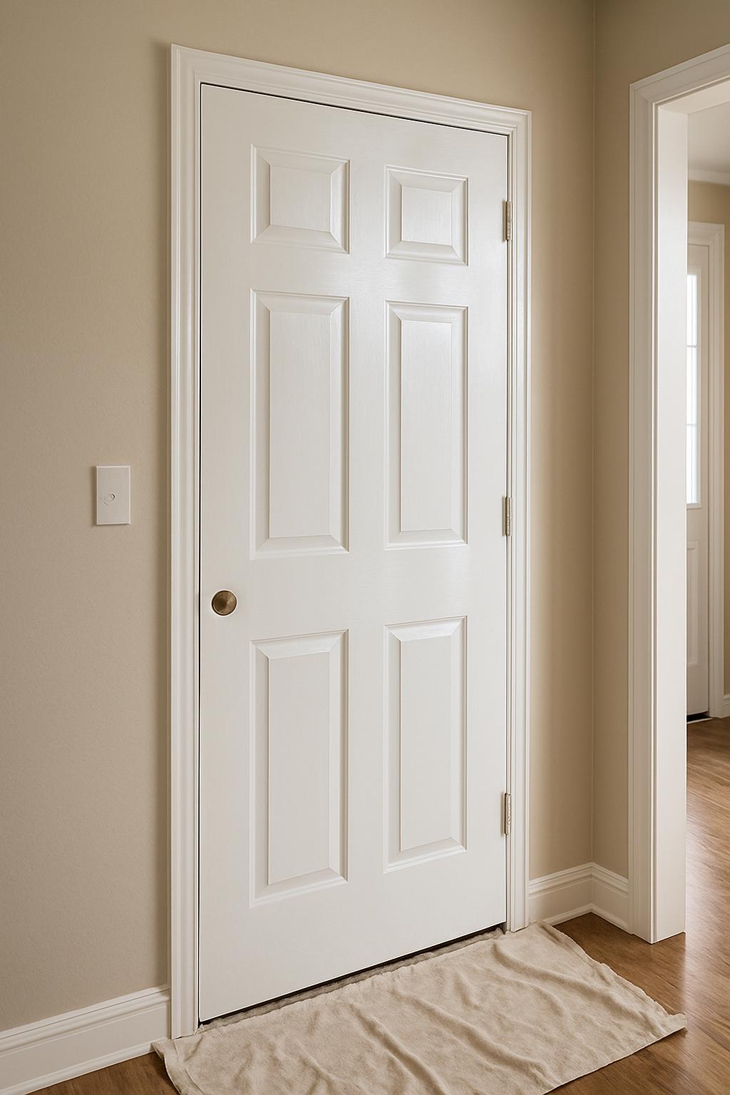 The white door with six panels, featuring an off-white knob at its center and two hinges attached to the top and bottom ri...